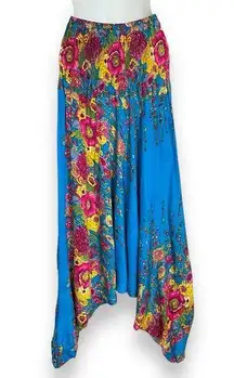 Floral Harem Pants Stretch Waist Smocking Shirring Blue Hippie Festival‎ Rayon