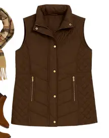 Weatherproof Brown Quilted Puffer Vest XXL Gold Snap Accent Zip Pockets EUC