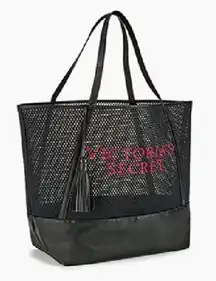 Victorias Secret Black Pink Embroidered Mesh Open Top Shoulder Straps Tote Large