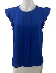 Zara Women's Blue Short Ruffle Flutter Sleeve Round Neck Pleated Blouse Top Sz S