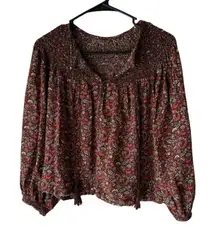 Women's Size Small Brown Red‎ Peasant Boho Floral Tassel Blouse
