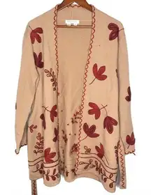 Vintage Kay Unger tan 100% wool embroidered cardigan sweater waist tie leaves