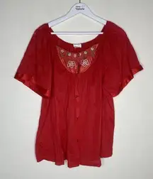 Kelly Reed Nylon Vintage Pajama Lounge Top Blouse Red Embroidered Large