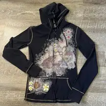 Lucky Brand Hoodie Full Zip Koi Fish Graphic Embroidery Floral Y2K Black Size S