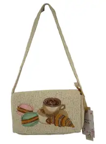 Handcrafted Beaded Macaroon Coffee Croissant Shoulder Bag Purse Cream India Made