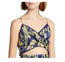 Cinq a Sept Blue Green Ikat Smocked Pleated Sleeveless Wrap Front Crop Top XS