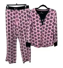 Betsey Johnson Women's Pink & Black Heart Thermal‎ Pajama Set Size Medium