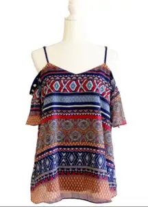 Coco & Carmen Top Blouse Siren Vibrant Print Short Sleeve Cold Shoulder L/XL NEW