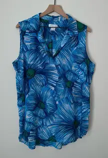 Blue Floral‎ Sleeveless Collared Top