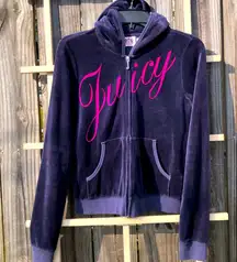 Vintage Juicy Couture Blue Velour Zip Hoodie Pink Logo Large