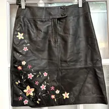 ALFANI Y2K 100% Genuine Leather Black Floral Embroidered A-Line Skirt Size 4 S