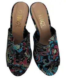 Rouge Clear Heeled Mules Floral Embroidered Heels‎ Open Toe Size 6