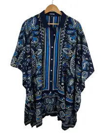 Lands End Paisley Button Front Tunic Kaftan Top Large Cotton Resort Cover‎ Up