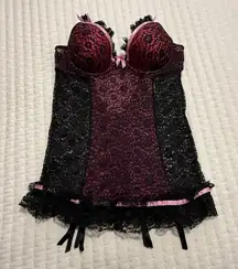 Victoria’s Secret Black Pink Babydoll Chemise Garters 36C Sexy Little Things