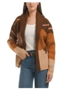 Lucky Brand Brown and Tan Knit Horse Design Cardigan Women’s XL NWT