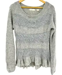 Sleeping On Snow Anthropologie Ruffled‎ Fuzzy Sweater Gray M Pullover Knit Wool