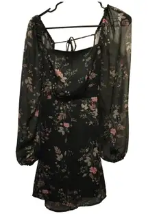Forever 21 Black Floral Print Puff Sleeve Square Neck Mini Dress Women's Size S