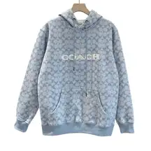 Coach Womens Signature Hoodie Size Large Blue Organic Cotton All Over Comfy Cozy