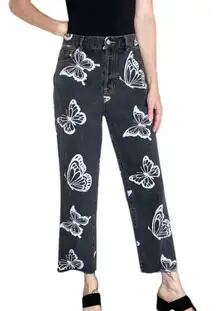 Black & White Butterfly High Rise Cropped Jeans