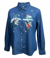 Disney Parks Christmas Denim Jean Button Down L