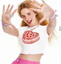 NEW Cherry Heart Cake Graphic Print Crop White Lettuce Hem Sleeve Top Size L