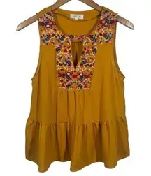 THML Top Women Size M Yellow Floral Embroidery Tank Blouse Spring Career Work
