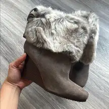 Chinese Laundry Faux Fur Brown Wedge Ankle Boots Leather Booties