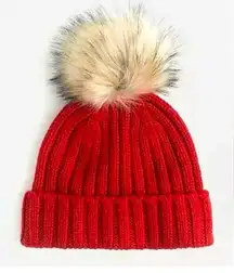 J.CREW NWT Wool Blend Ribbed Beanie Winter Hat, Faux Fur Pom Pom, Red