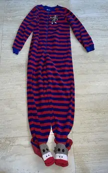 Women’s Nick & Nara Blue Red Sock Monkey Footed‎ One Piece Pajamas Size S