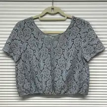 ZARA  Basic Light Blue Floral Lace Short Sleeve Cropped Top Size Small