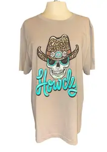 Lulu Mac T-shirt short sleeves “Howdy” & skull wearing cowboy hat size X-Large