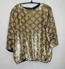 Vintage Eve’s Allure Gold Metallic & Iridescent White Sequin Silk Blouse Size M