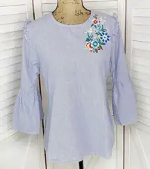 Passport Striped Embroidered Bell Sleeve Popover Shirt Medium