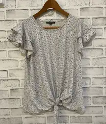 white and black bring flutter short sleeve knot waist top Small