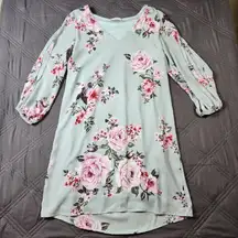 Everly Light Blue Floral Long Sleeve Sheath Dress V-Neck Sz Small Chic Coquette