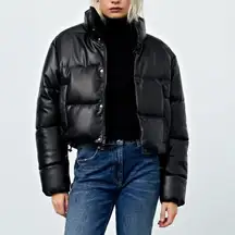 ZARA Black Faux Leather Cropped Puffer Bomber Jacket | S