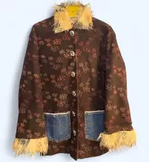 My Vintage Baby Faux Fur Trim Collar Cuffs Silk Brown Floral Jacket Coat Boho