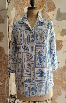 Calypso St.‎ Barth XS Blue & White Print Button Down Top Shirt Linen