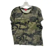 GUESS Camo Camouflage Sheer Top with Solid Panel with Gold GUESS Logo XL