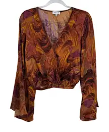 ACOA Wrap Crop Top Womens Medium Orange Flare Slip Hippie Boho Fall Flare Sleeve