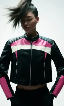 Zara Black Pink Motorcycle Biker Jacket Size Large Vegan Leather Grunge Gothic