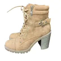 G by Guess Jayden Combat boot Tan Womens 9m Block‎ Heel Zipper Buckle