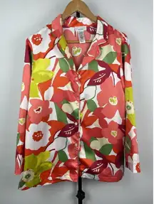Natori Multicolor Floral Spring Satin Long Sleeve Pajama Button Up Blouse Size M