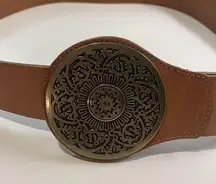 CHICOS Leather BELT Round Ornate Gold  Buckle, Size Large, 1.75" Wide BOHO (BB2)