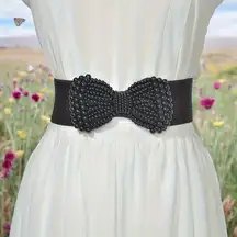 Black Faux Pearl Bowknot Wide Belt Elegant Solid Color Elastic Waistband Classic
