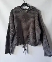 Lucky Brand Gray Textured Knit Hoodie Sweater L Drawstring Hem Winter Cozy