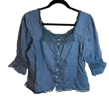 Cupio Blue Chambray Button Front Floral Embroidered Lace Puff Sleeve Blouse