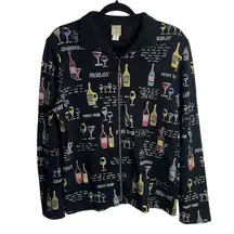 Jess & Jane Size Large Full Zip Collared Sweatshirt Black Wine Print Rhinestone