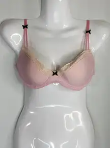 Betsy Johnson Padded Lace Trim Bow Tie Accent Pink Black Underwired Bra 34B‎ NWT