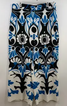 ZARA Blue Black White Graphic Floral Wide Leg Trousers Women’s XL High Rise